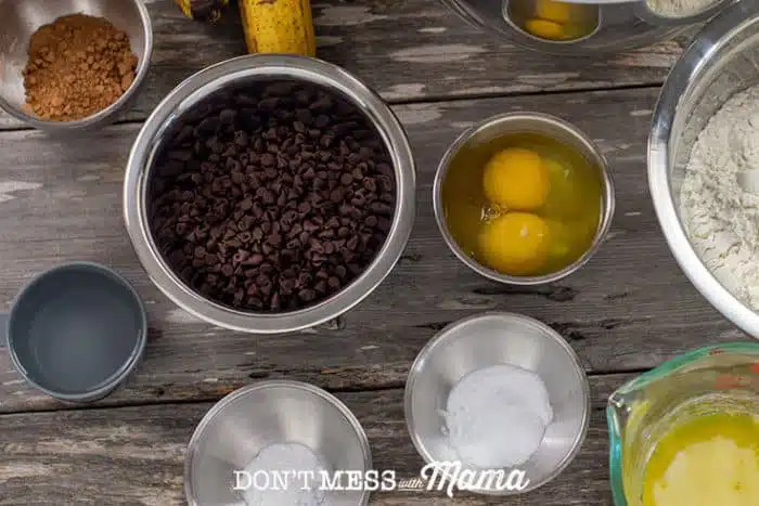 ingredients to make banana bread on a table