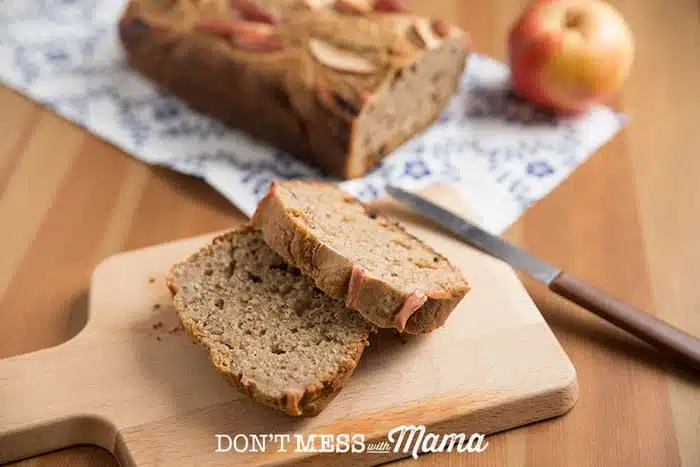 A closeup of sliced Apple Bread on a chopping board