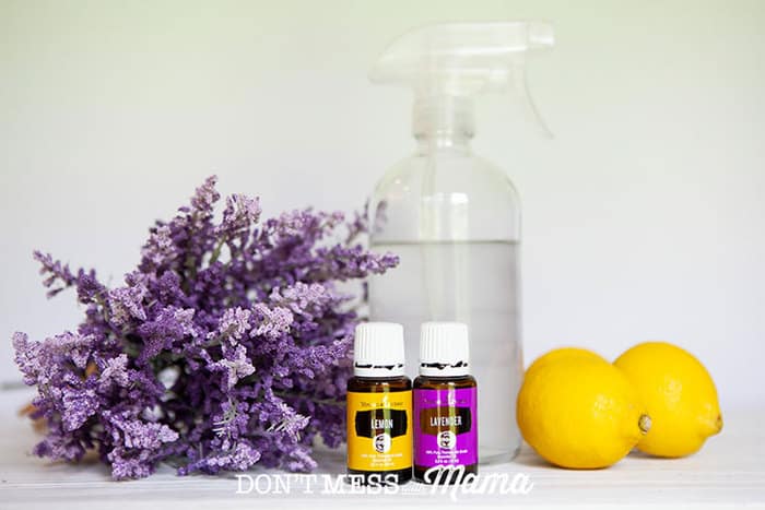 Closeup of lavender flowers with a glass spray bottle, lemons, and essential oils