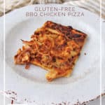 A slice of Gluten-Free BBQ Chicken Pizza with title graphic
