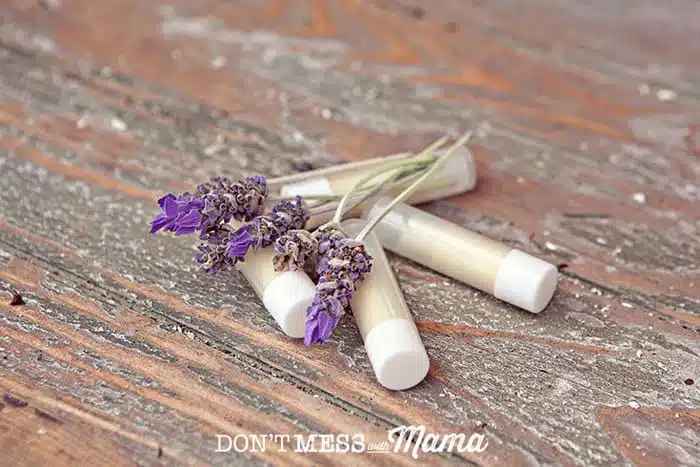 Closeup of DIY lip balms with sprigs of lavender 