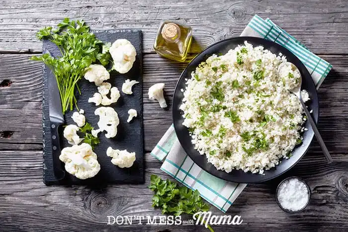 A close up of cauliflower rice in a small bowl