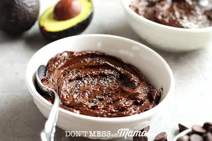 Chocolate avocado pudding in a white bowl