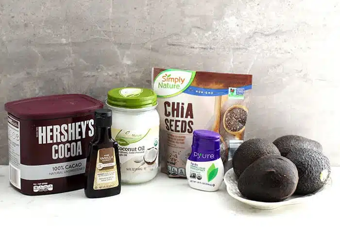 ingredients to make chocolate pudding including cocoa powder, avocados, coconut oil, chia seeds