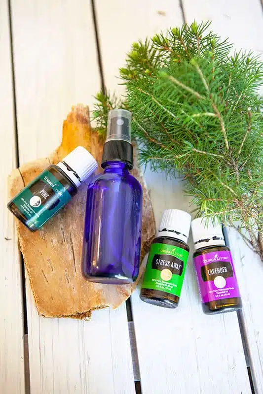 Closeup of glass spray bottle with bottles of pine, lavender and stress away essential oils with a sprig of pine in the background