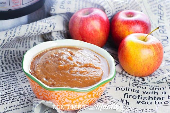 Photo of applesauce in a bowl with an Instant Pot in the background