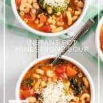 Instant Pot Minestrone soup in two white bowls topped with Parmesan cheese