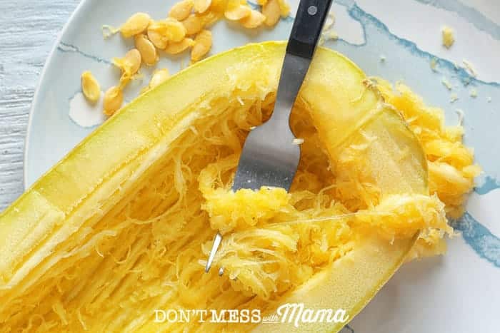 An overhead shot of instant pot spaghetti squash with a fork