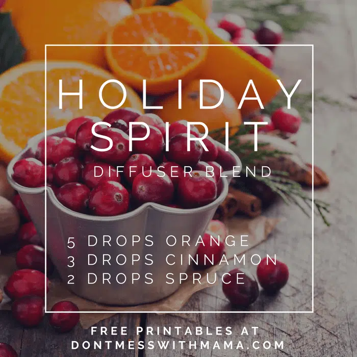 A graphic for a holiday spirit diffuser blend recipe