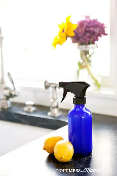 Closeup of blue spray bottle of natural disinfectant with lemons and flowers in background