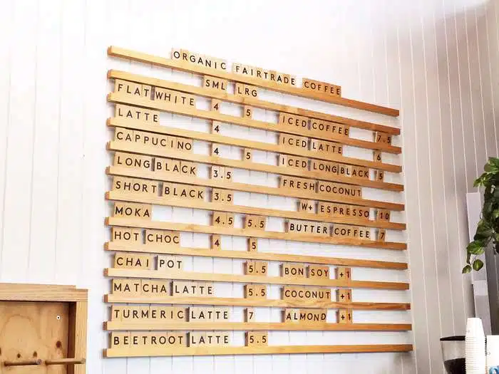 wooden menu board in a coffee shop