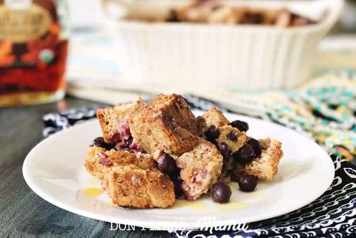 Gluten-Free French Toast Casserole with Blueberries on a white plate
