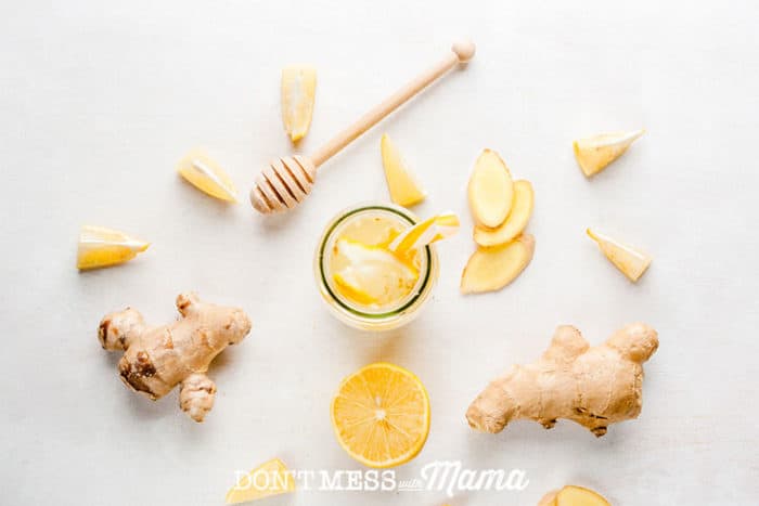 overhead shot of ginger and honey on a table