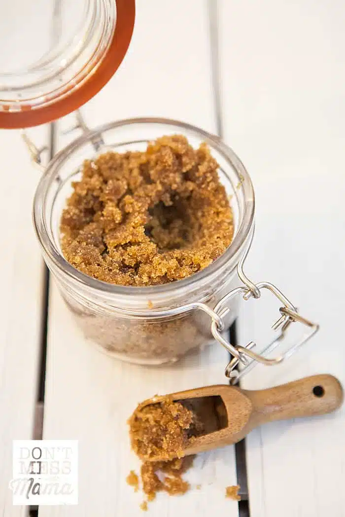 DIY Coconut Brown Sugar Scrub in a glass jar