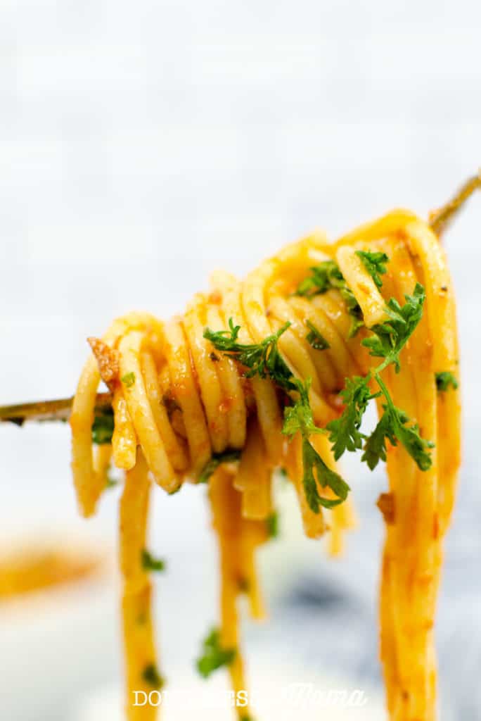 closeup of spaghetti noodles twirled on a a fork with parsley