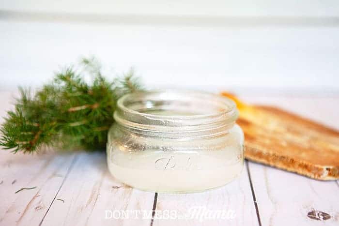Close-up of jar with DIY shave gel and pine branch in the background