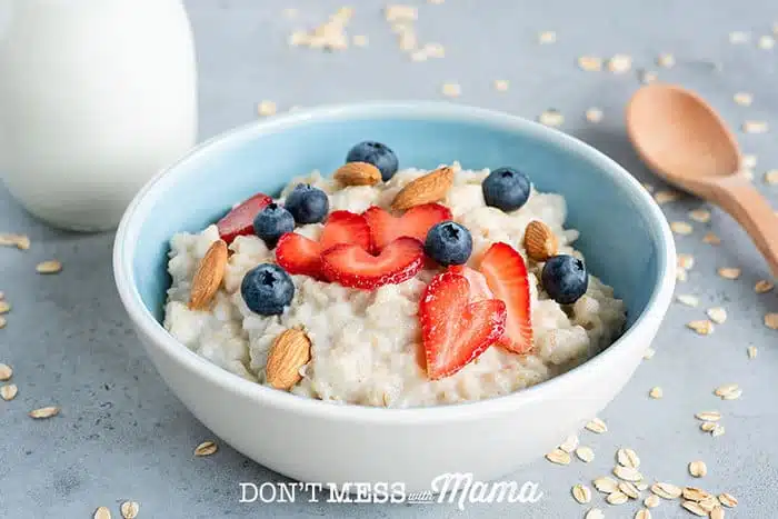 Closeup of bowl of oatmeal with berries and nuts