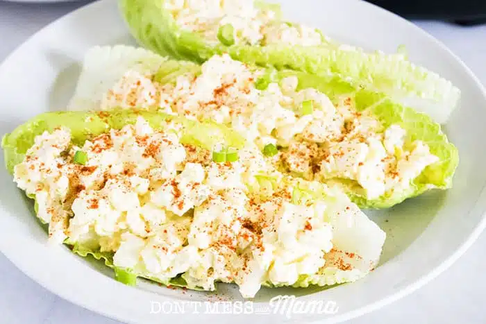 A closeup of egg salad on lettuce with an Instant Pot in the background