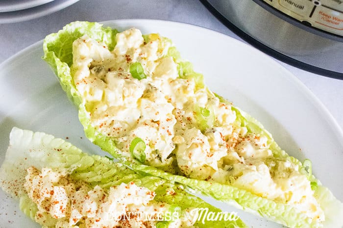 A closeup of egg salad on lettuce with an Instant Pot in the background