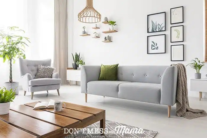 Photo of clean, modern living room with sofa and coffee table