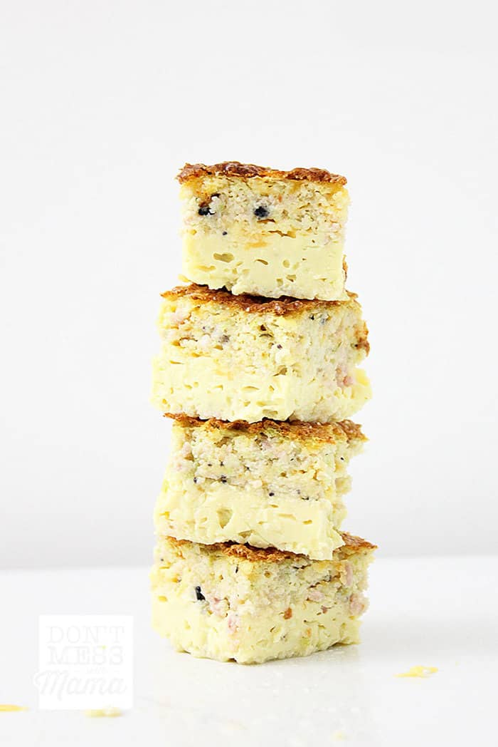 Closeup of crustless gluten-free quiche cut and stacked