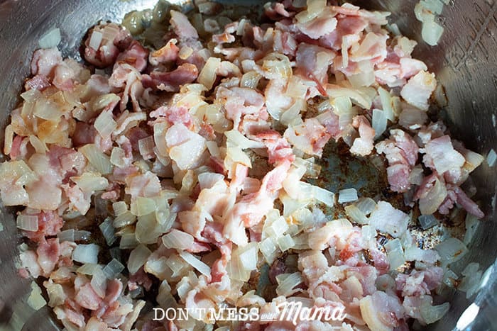 bacon and onions cooking in a pot