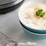 Instant Pot Clam Chowder in a blue bowl