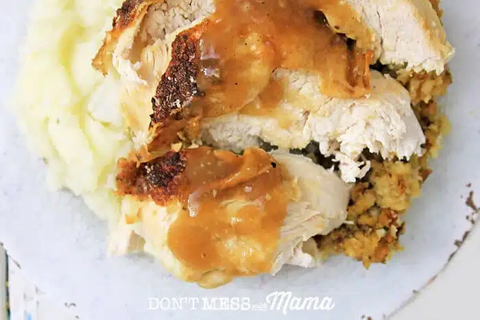 Closeup of Instant Pot turkey and mashed potatoes on a plate