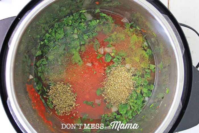 Herbs, tomato puree and spices in an Instant Pot