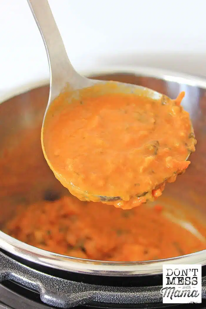 Closeup of creamy tomato soup on a ladle from the Instant Pot