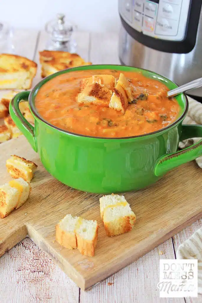 tomato soup in a bowl with croutons