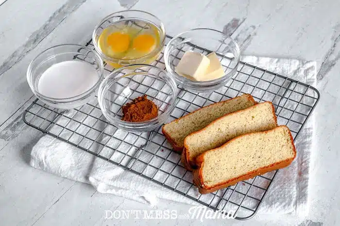ingredients to make low-carb french toast on a baking rack