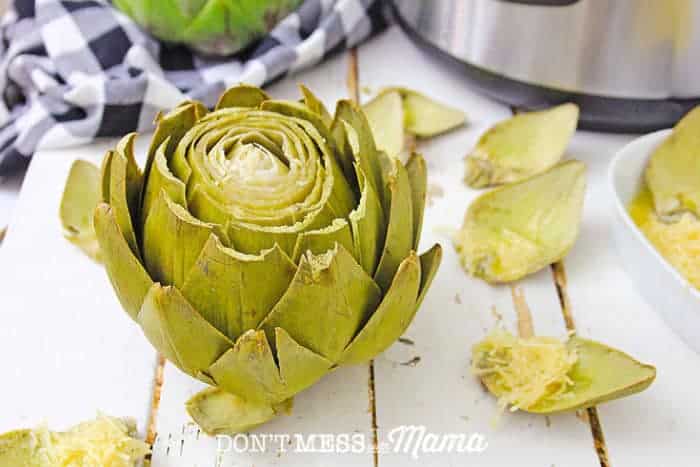 cooked artichoke next to an Instant Pot on a white table