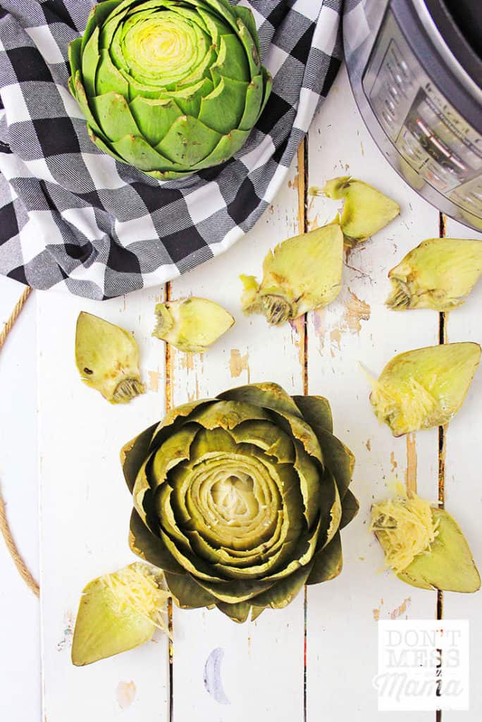 cooked artichoke on a white table with petals peeled