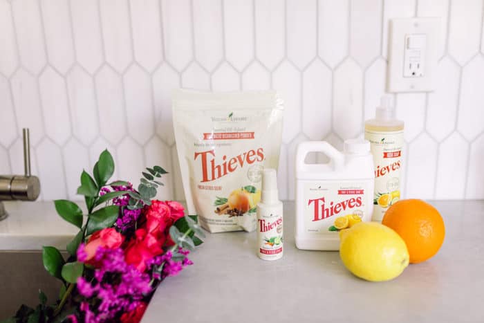 Thieves cleaning products on a kitchen counter