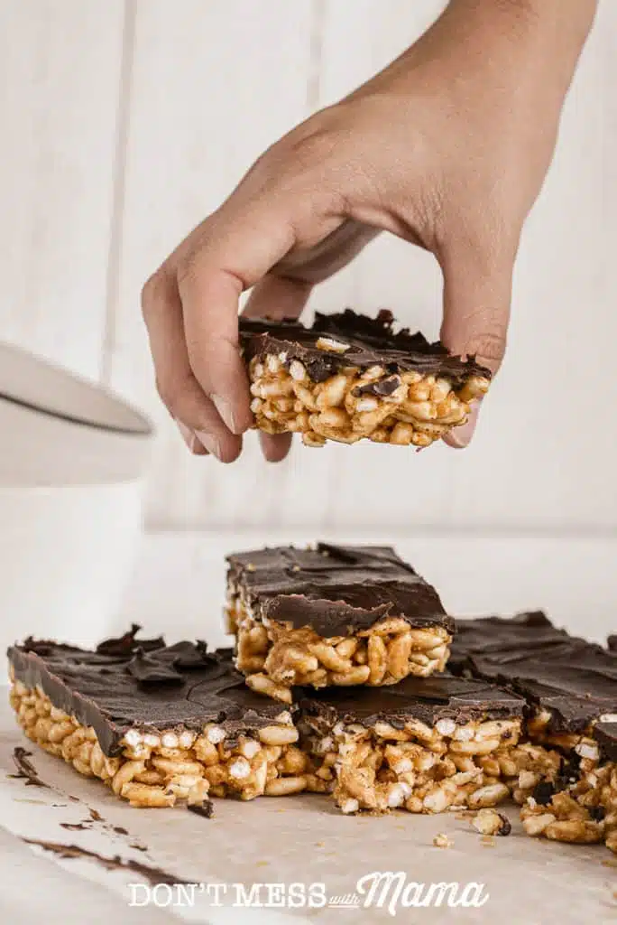 Stack of puffed rice bars with chocolate