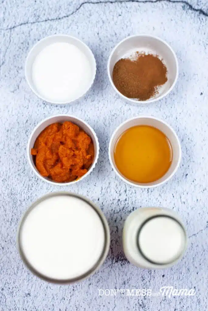 ingredients to make pumpkin spice creamer like pumpkin puree, cinnamon and cream