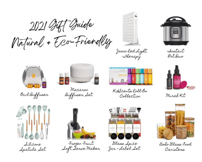 collage of gift ideas including a Joovv red light therapy device, Instant Pot, owl diffuser, macaron diffuser, kidscents oil collection, mirth kit, silicone spatula set, frozen fruit soft serve maker, glass spice jar label set, boho glass food canisters