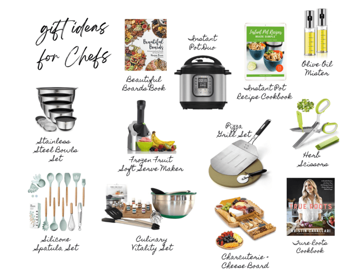 collage of gift ideas for home chefs like the Instant Pot, cookbooks, stainless steel bowls, charcuterie board, herb scissors, pizza oven and frozen fruit soft serve maker