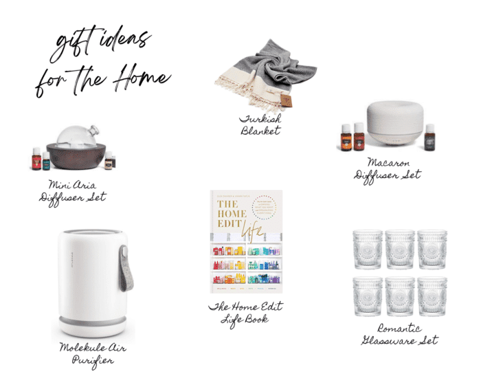 collage of gift ideas for the home including a Turkish blanket, macaron diffuser set, mini aria diffuser set, air purifier, organizing book, and glassware set