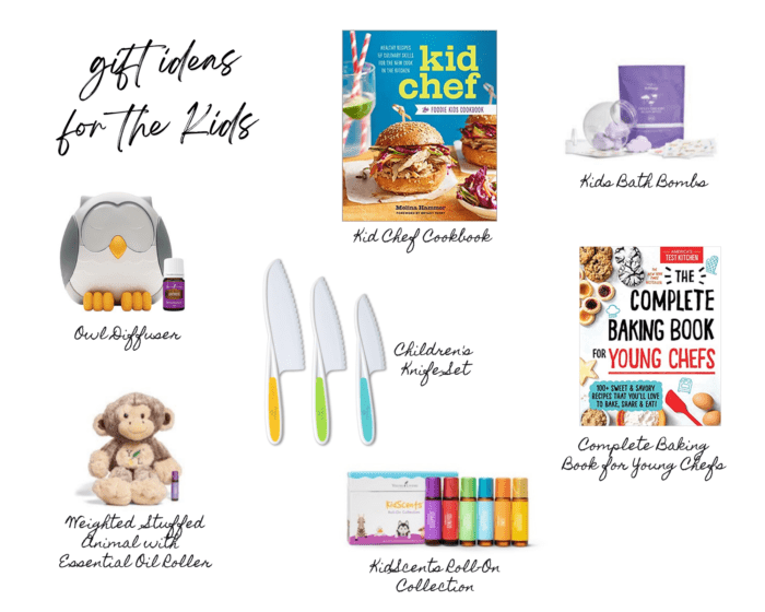 collage of gift ideas for kids including an owl diffuser, weighted stuffed monkey with essential oil roller, children's knife set, kid scents roll-on collection, kids bath bombs, and kids cookbook