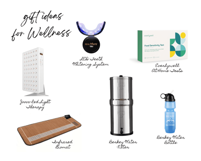 collage of gift ideas for wellness like red light therapy, biomat, Berkley water filter, led teeth whitening system, and at-home lab tests