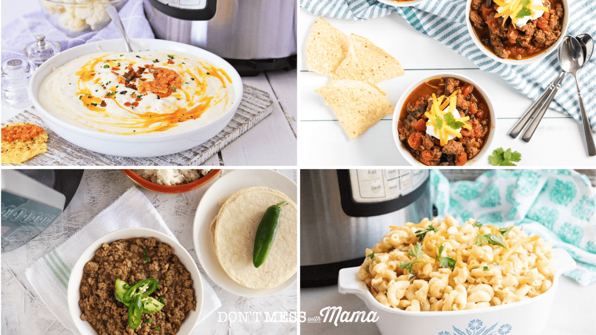 Photo collage of gluten-free dishes like cauliflower soup, beef chili, beef taco meat and macaroni and cheese for meal planning