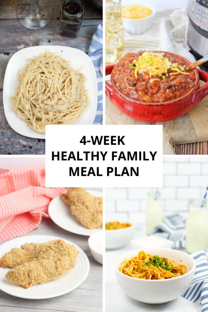 collage of family friendly and healthy meals for one month meal plan for families - including spaghetti, chicken tenders, and chili