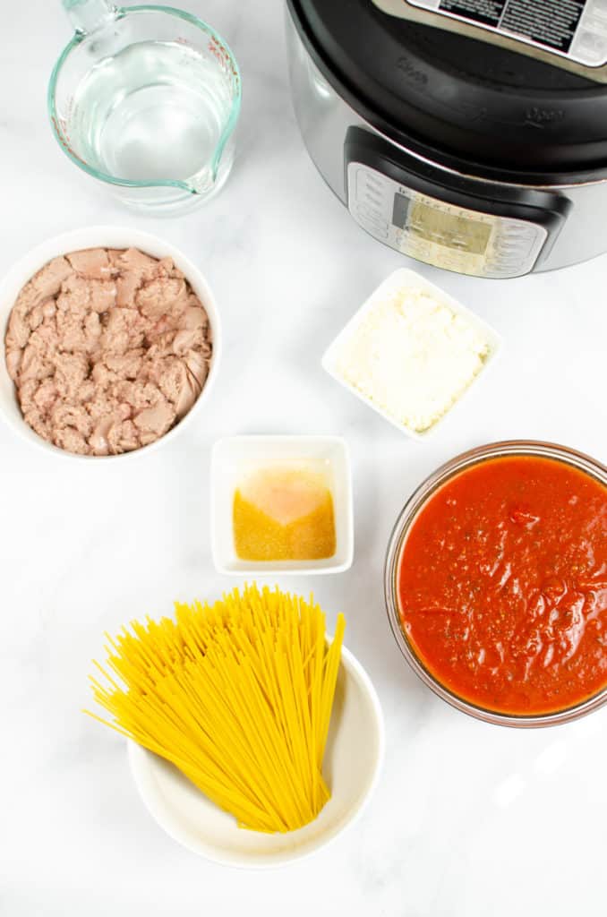 ingredients to make spaghetti in an Instant Pot include tomato sauce, ground beef, water, spices, spaghetti noodles and parmesan cheese