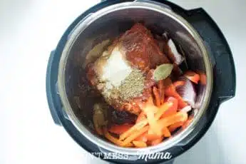 view from above of instant pot with pork, vegetables, broth and herbs