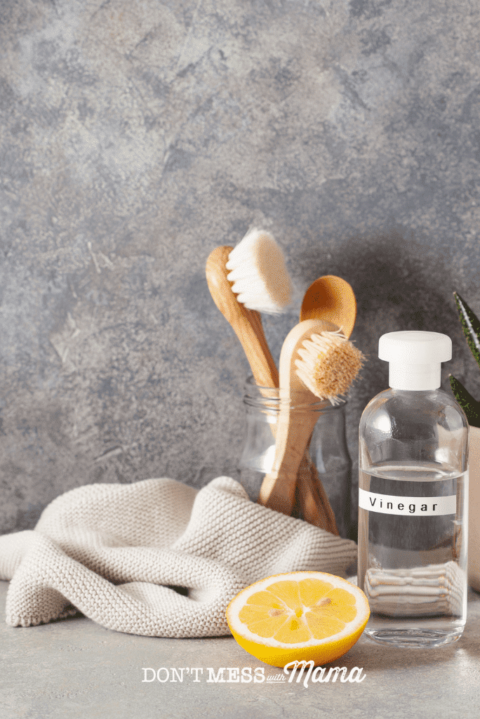 vinegar, lemon and dusting cloth with jar of cleaning brushes