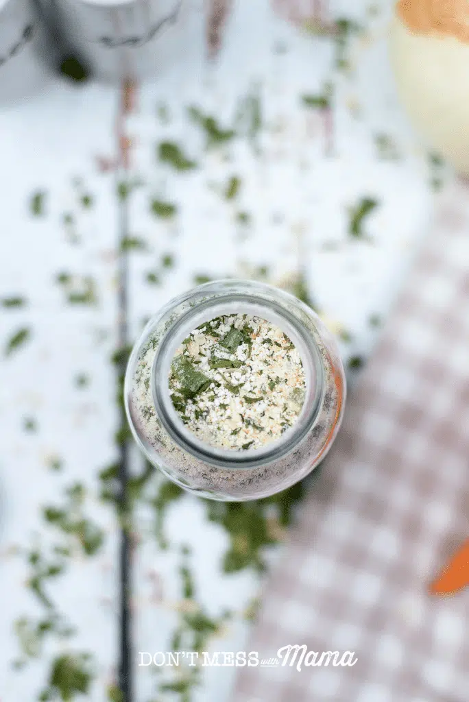 above view of glass bottle with dry ranch seasoning mix
