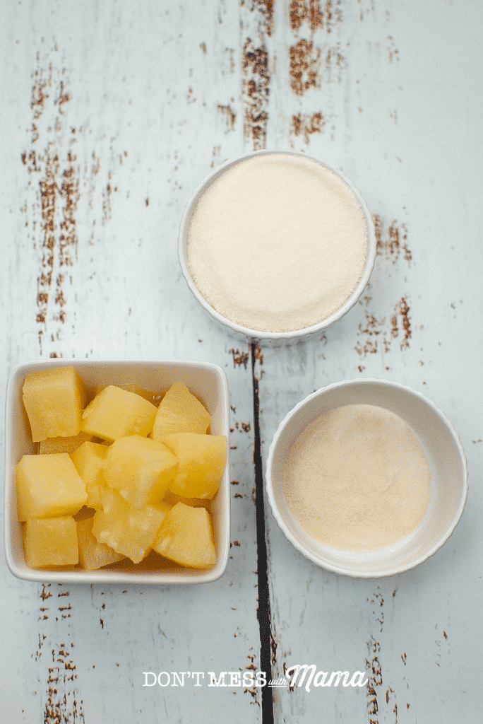 pineapple chunks and gelatin in white ramekins