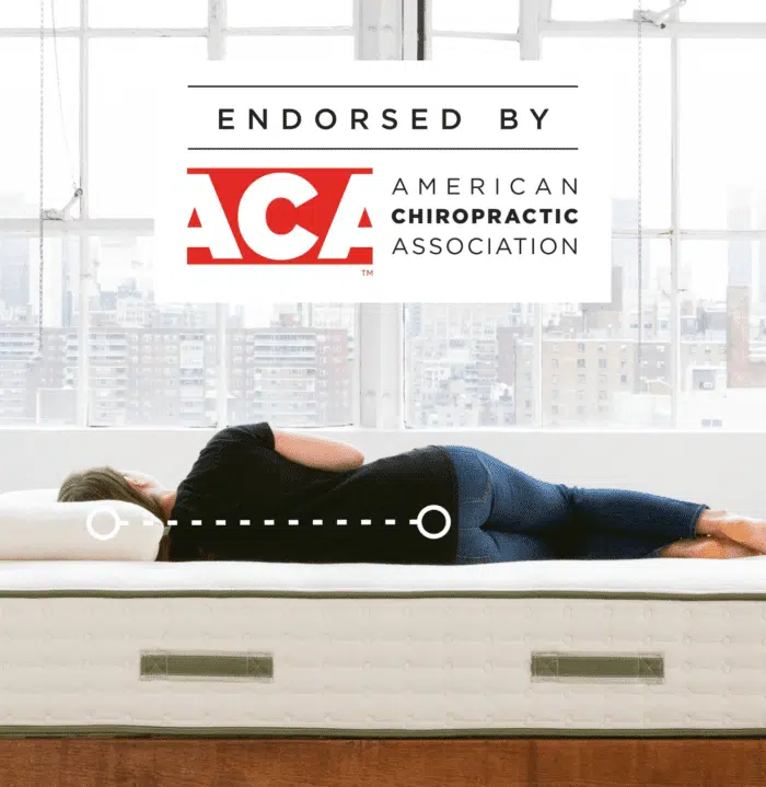woman laying down on an Avocado Mattress with text that says ACA endorsed